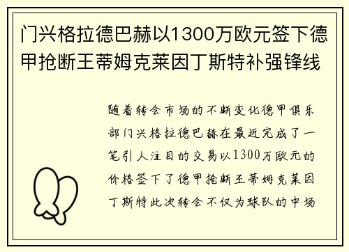 门兴格拉德巴赫以1300万欧元签下德甲抢断王蒂姆克莱因丁斯特补强锋线